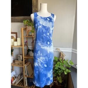 Vintage 90s Blue Sunflower Dress Sleeveless Midi Size Small